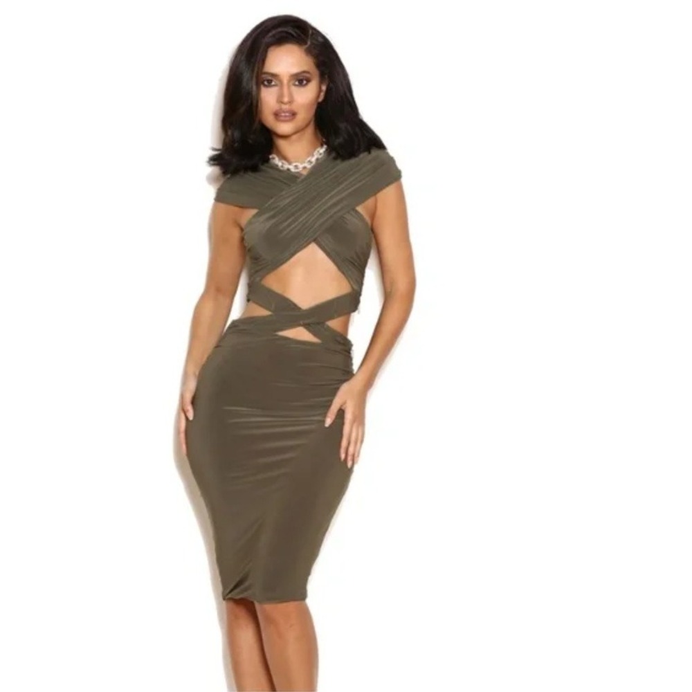 House of CB Lisandra Wrap Effect Cutout Ruched Bodycon Midi Dress Olive Green S